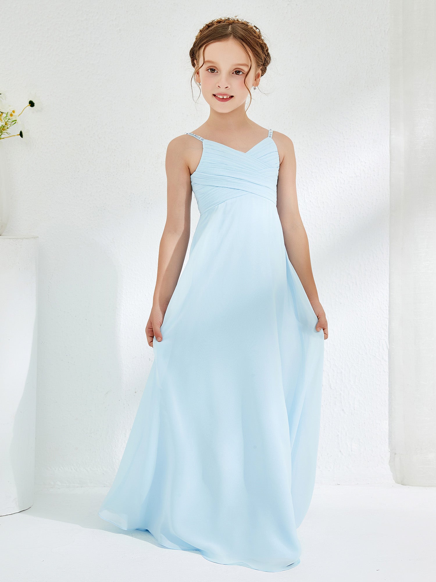 Cute V-neck Spaghetti Straps Floor-length Junior Bridesmaid Dresses Sky Blue